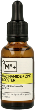 Serum do twarzy Me+ Niacinamide + Zinc Booster w bursztynowej butelce z czarnym kroplomierzem, widok z przodu.