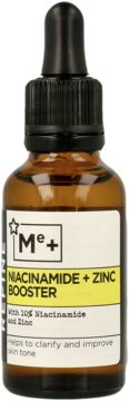 Serum do twarzy Me+ Niacinamide + Zinc Booster w bursztynowej butelce z czarnym kroplomierzem, widok z przodu.