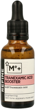 Serum Refine Me+ Tranexamic Acid Booster 2.5% w brązowej butelce z zakraplaczem, widok z przodu.