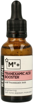 Serum Refine Me+ Tranexamic Acid Booster 2.5% w brązowej butelce z zakraplaczem, widok z przodu.