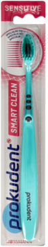 Szczoteczka do zębów Prokudent Sensitive Smart Clean, turkusowa, w blistrowym opakowaniu, widok z przodu.
