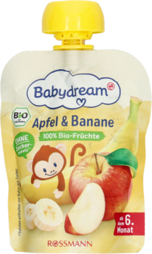 Babydream puree jabłko i banan, bio, w białej saszetce z żółtą zakrętką, bez dodatku cukru.