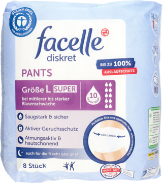 Facelle diskret Pants L, 8 szt., biało-niebieskie opakowanie, na umiarkowane nietrzymanie moczu, 100-140 cm.