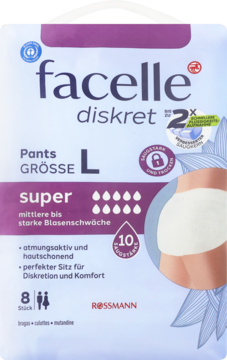 Fioletowo-białe opakowanie Facelle diskret pants L super, 8 sztuk, pieluchomajtki na średnie nietrzymanie moczu.