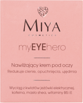 Różowe pudełko kremu Miya myEYEhero Nawilżający krem pod oczy, z sercem, redukujący cienie.