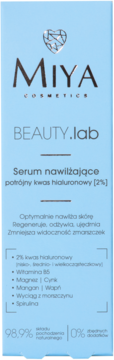 Miya BEAUTY.lab serum nawilżające 2% potrójny kwas hialuronowy w jasnoniebieskim opakowaniu, widok z przodu.
