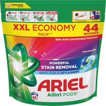 Ariel Allin1 PODS XXL Economy Pack 44 prania. Zielono-żółty worek z kolorowym tłem i tekstem o usuwaniu plam.