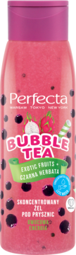 Skoncentrowany żel pod prysznic Perfecta Bubble Tea, różowa butelka z motywem egzotycznych owoców i kulek, widok przodem.