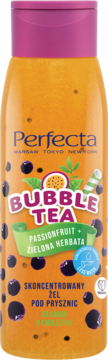 Pomarańczowy żel Perfecta Bubble Tea Marakuja Zielona Herbata z fioletowymi kulkami i różową nakrętką, widok z przodu.