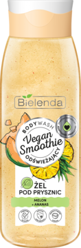 Bielenda Vegan Smoothie Żel pod prysznic melon-ananas, przezroczysta butelka, widok z przodu.