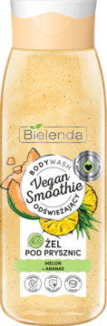 Bielenda Vegan Smoothie Żel pod prysznic melon-ananas, przezroczysta butelka, widok z przodu.