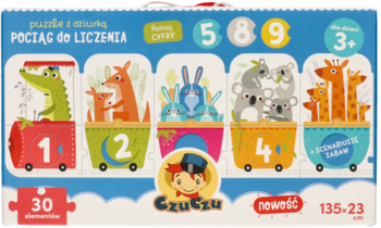 Puzzle z dziurką Czuczu Pociąg do Liczenia, pudełko z kolorowymi wagonami i zwierzętami, widok z przodu.