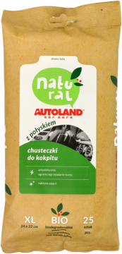 Autoland Natural Car Care chusteczki do kokpitu z połyskiem, brązowa torebka, zielona etykieta, widok z przodu.
