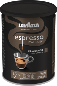 Frontalne ujęcie czarnej puszki kawy Lavazza Espresso Italiano Classico, 100% Arabica, 250g, z rysunkiem filiżanki.
