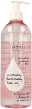 Ziaja anti-pollution płyn micelarny PM 2.5, przezroczysta butelka z pompką i różowym płynem, widok z przodu.