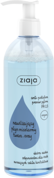 Ziaja nawilżający płyn micelarny anti-pollution w jasnoniebieskiej butelce z białą pompką, widok z przodu.