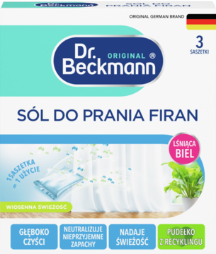 Dr. Beckmann Sól do prania firan, biało-turkusowe pudełko, 3 saszetki, dla lśniącej bieli i świeżości.