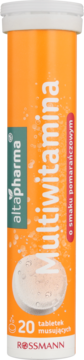 Pomarańczowa tuba Altapharma Multiwitamina Rossmann, 20 tabletek musujących, smak pomarańczowy, widok z przodu.