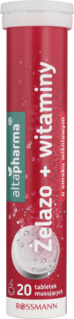 Altapharma Żelazo + witaminy, czerwona tubka suplementu diety z białą zakrętką, front, 20 tabletek musujących o smaku wiśniowym.