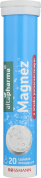 Altapharma Magnez, niebieska tuba z 20 musującymi tabletkami o smaku pomarańczowym, widok z przodu.