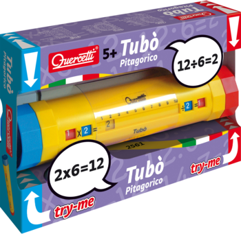 Dante tuba do nauki tabliczki mnożenia, żółta tuba z suwakami, w purpurowym pudełku z napisami 2x6=12.