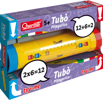 Dante tuba do nauki tabliczki mnożenia, żółta tuba z suwakami, w purpurowym pudełku z napisami 2x6=12.
