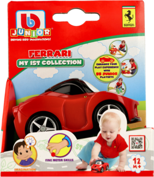 Czerwony samochodzik zabawka Ferrari B. Junior dla maluchów, widoczny w czerwono-zielonym opakowaniu.