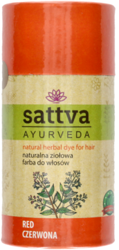 Czerwona henna Sattva Ayurveda, naturalna farba do włosów, w cylindrycznym opakowaniu z beżową etykietą, widok z przodu.