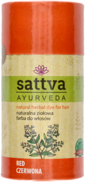 Czerwona henna Sattva Ayurveda, naturalna farba do włosów, w cylindrycznym opakowaniu z beżową etykietą, widok z przodu.
