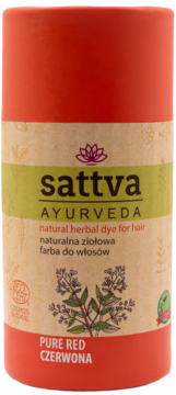 Sattva Ayurveda Pure Red naturalna henna do włosów w cylindrycznym, czerwono-beżowym opakowaniu, widok z przodu.