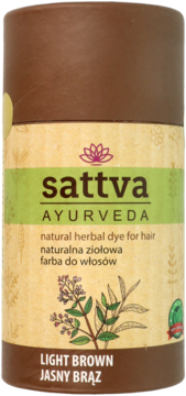 Sattva Ayurveda ziołowa henna do włosów Jasny Brąz w beżowo-brązowej tubie, frontalne ujęcie.