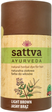 Sattva Ayurveda ziołowa henna do włosów Jasny Brąz w beżowo-brązowej tubie, frontalne ujęcie.