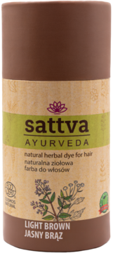 Sattva Ayurveda natural herbal dye Light Brown, cylindrical packaging. Front view with beige label and plant graphics.