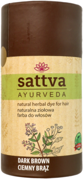 Sattva Ayurveda ciemnobrązowa ziołowa farba do włosów w ciemnej tubie z beżową etykietą, widok z przodu.