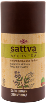 Sattva Ayurveda naturalna ziołowa farba Dark Brown, cylindryczne brązowe opakowanie z zieloną etykietą, widok z przodu.