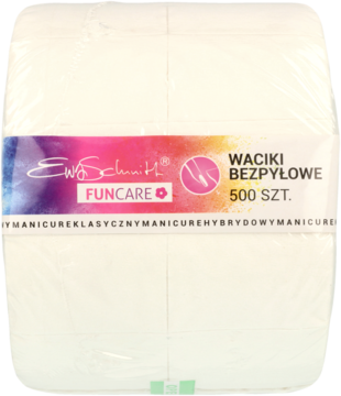 Białe waciki bezpyłowe Ewa Schmitt FUNCARE, 12-warstwowe, 500 szt. do manicure, widok z przodu.