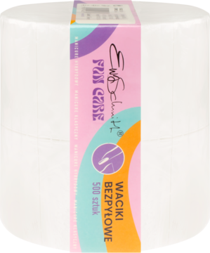 Zbliżenie na białe, 12-warstwowe waciki celulozowe bezpyłowe do paznokci w rolce z kolorową etykietą FUN CARE.