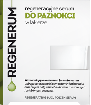 Grafika reklamowa Regenerum, regeneracyjnego serum do paznokci w lakierze, na białym tle z zielonym pasem.