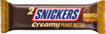 Snickers Creamy Peanut Butter 2-bar pack. Dark brown wrapper, blue/red logo, cross-section of peanut butter and caramel.