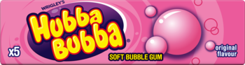 Hubba Bubba soft bubble gum, pink rectangular pack, yellow logo on purple, with x5 and original flavour text.