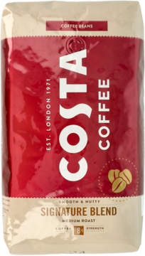 Costa Coffee Signature Blend Medium Roast 1kg, kawa ziarnista w pionowej czerwono-beżowej torbie.