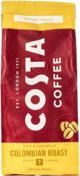 Front torebki Costa Coffee Colombian Roast Ground Coffee, czerwono-żółta, z napisem 'Strength 7'.