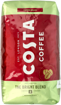 Torba kawy ziarnistej Costa Coffee The Bright Blend, zielono-czerwona, Strength 6, średnio palona, widok z przodu.