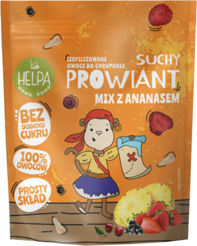 Helpa Suchy Prowiant Mix z Ananasem, liofilizowane owoce bez cukru, pomarańczowa saszetka z małpką piratem.