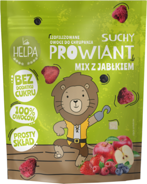 Zielona torebka Helpa Suchy Prowiant: liofilizowane owoce, mix z jabłkiem, bez cukru, z lwem.
