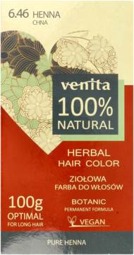 Venita 100% Natural Henna 6.46, ziołowa farba do włosów, czerwono-beżowe opakowanie, widok z przodu.