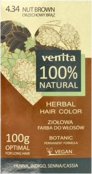 Front view of Venita 4.34 Nut Brown Herbal Hair Color box, 100% natural, vegan, 100g, floral design.