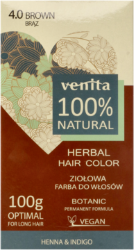 Venita 100% Natural Herbal Hair Color 4.0 BROWN, 100g opakowanie, brązowo-zielone z kwiatami, widok z przodu.