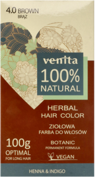 Venita 100% Natural Herbal Hair Color 4.0 BROWN, 100g opakowanie, brązowo-zielone z kwiatami, widok z przodu.