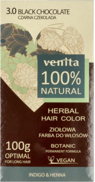 Opakowanie Venita Herbal Hair Color 3.0 Black Chocolate, brązowe, z przodu, 100% Natural, Vegan, 100g.